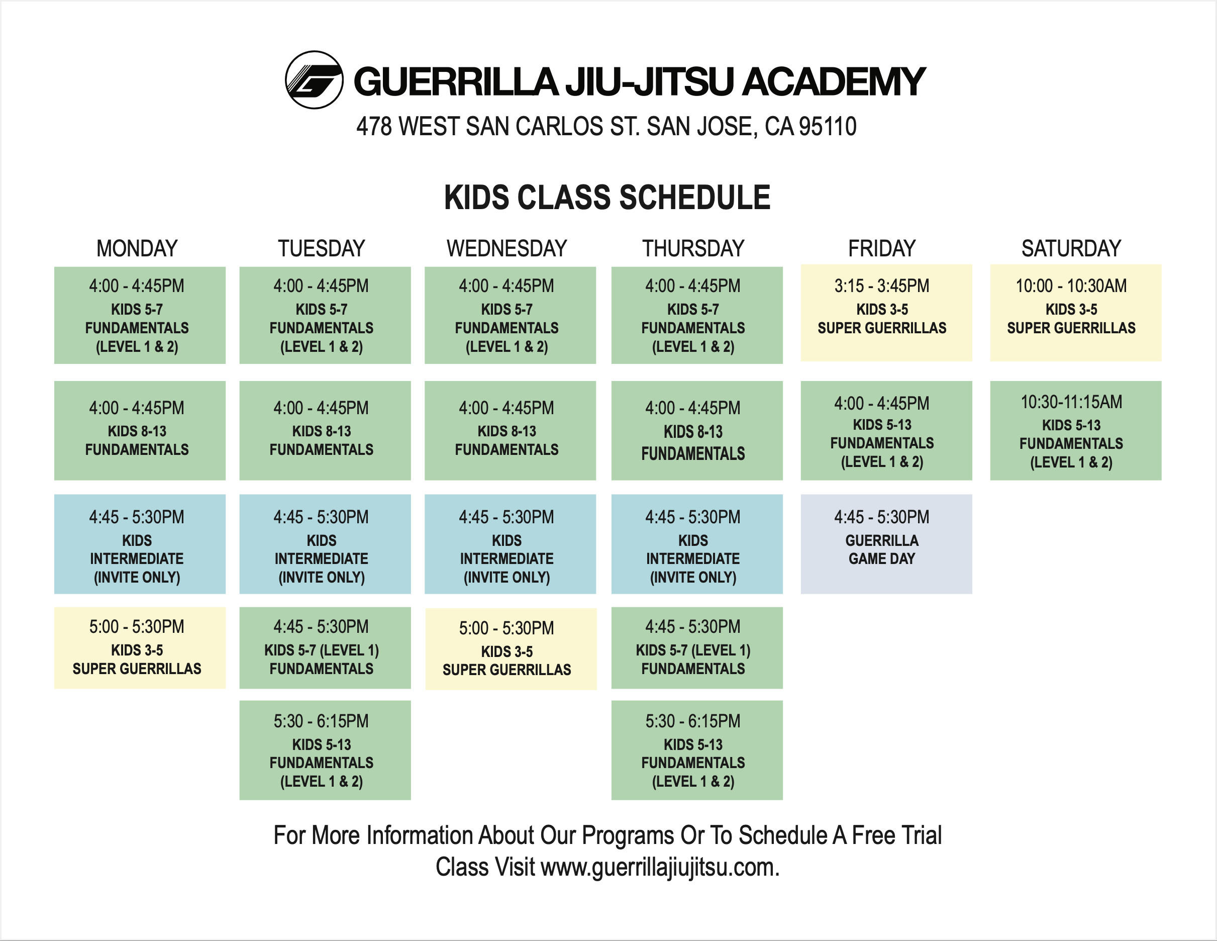 kids class schedule